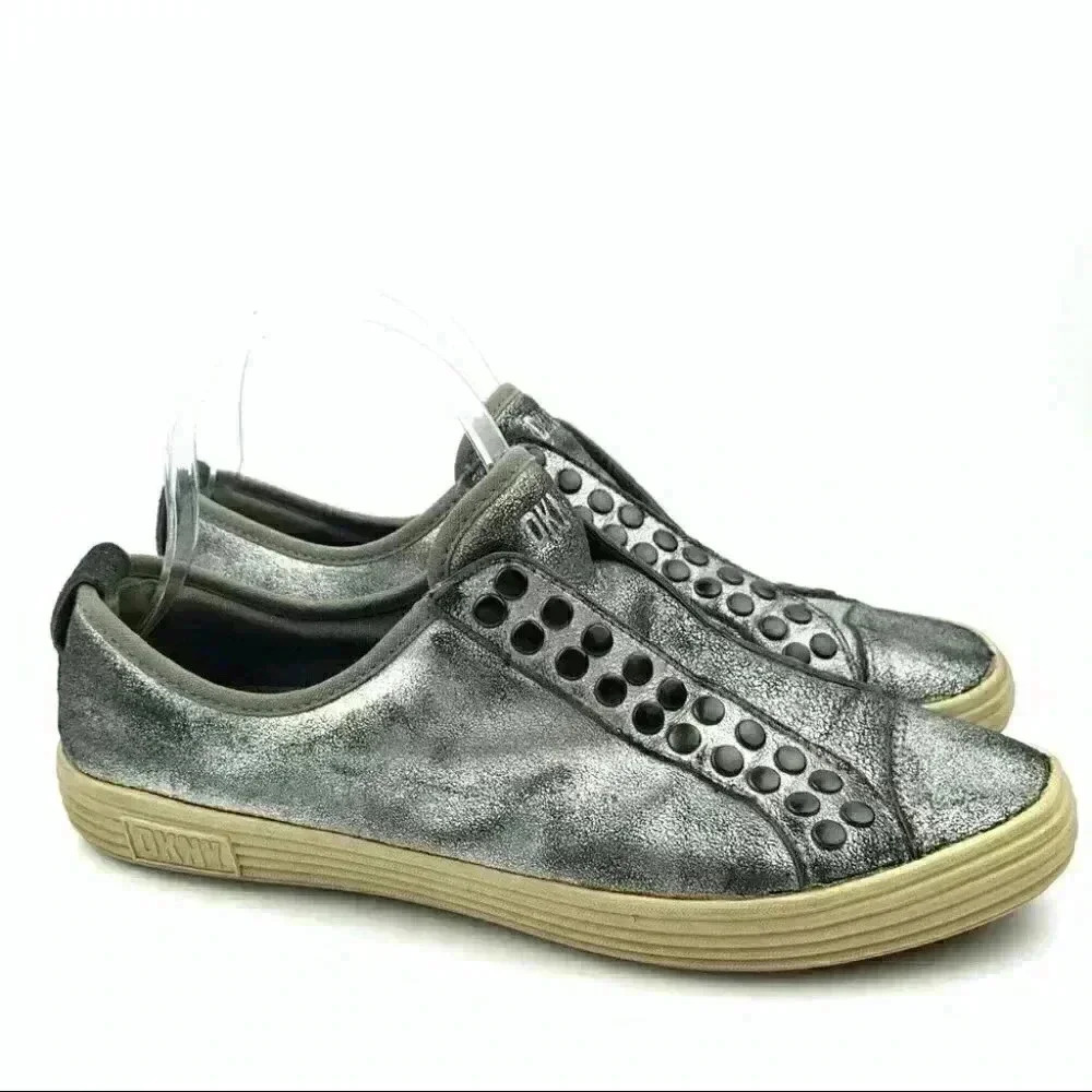 DKNY sneakers 8.5 pewter leather studded vintage